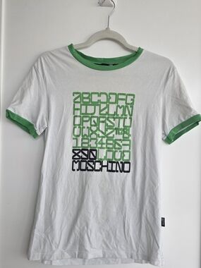 Moschino White Tee with Green Trim and Green/Black Graphic Alphabet